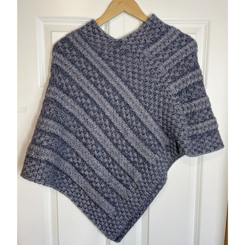 Carraig Donn Irish Blue Merino Wool Cable Fisherman Knit Poncho Sweater Sz Small